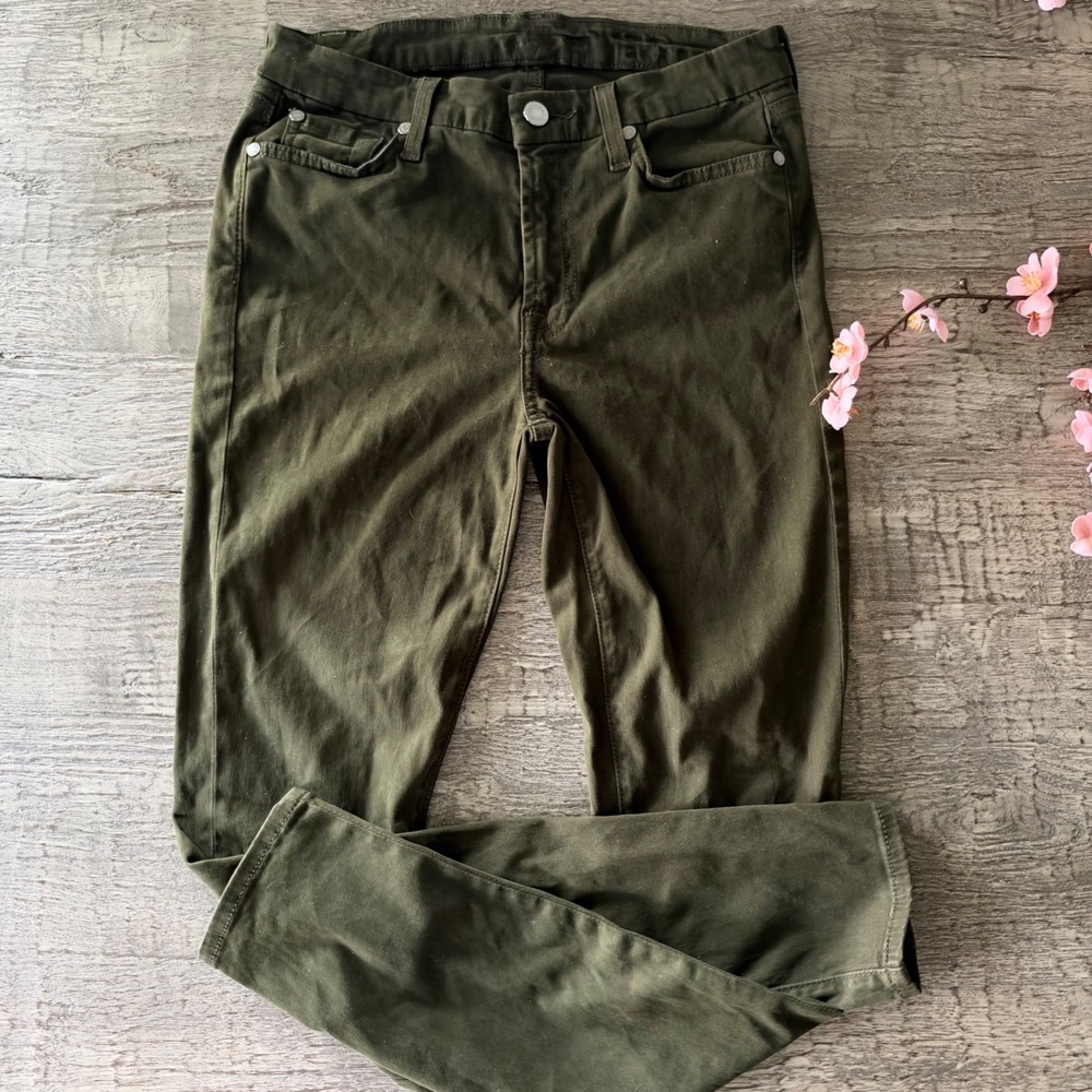 7 For All Mankind Sueded Jeans Olive Green MidRise Stretch Pants 2012Era Size 27